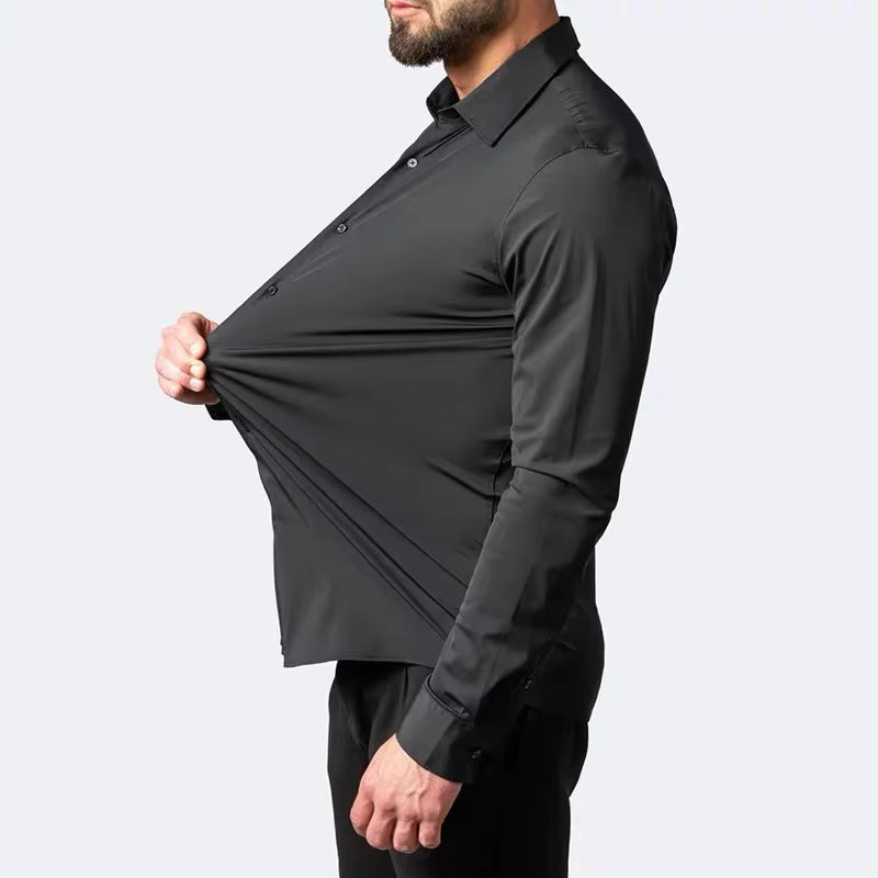 55-105KG Men'S Long Sleeved Elastic Shirt, Non Ironing Business Dress, Professional Work Attire, Stand up Collar Shirt