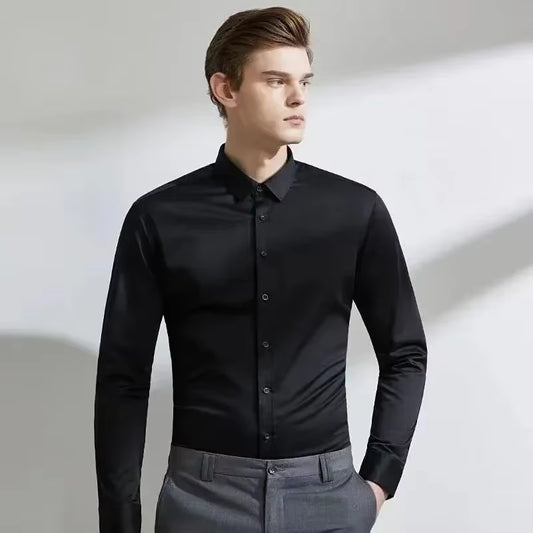 55-105KG Men'S Long Sleeved Elastic Shirt, Non Ironing Business Dress, Professional Work Attire, Stand up Collar Shirt